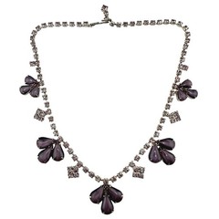 Vintage Purple Moonglow Glass 1950s 1960s Silver Tone Choker 14″ Necklace