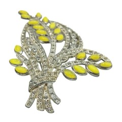 Rhinestone Brooch Floral Spray Yellow Clear Stones Flower Pin Pot Metal Vintage
