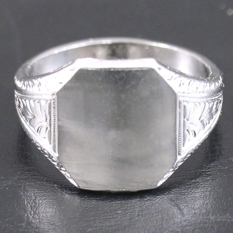 VINTAGE 1960s RHODIUM Nickel Silver SIGNET RING Size 6 Leaf Etched NOS MINT
