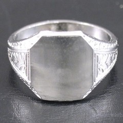 VINTAGE 1960s RHODIUM Nickel Silver SIGNET RING Size 6 Leaf Etched NOS MINT