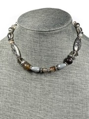 Necklace Beaded Stones Glass Plastic Metal Silver Tone Collar 13”+5.5”