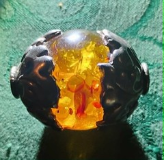Large Vintage Tibetan Amber Bead w/ Ornate Silver 1.75″ x 1.25″