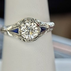 Art Deco Old European Cut Diamond Sapphire Engagement Ring