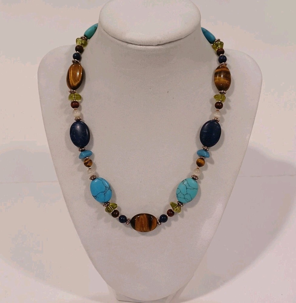 Vtg Chaps Multi Stone Beaded Necklace On Leather Turqoise Tiger Eye Blue
