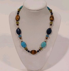 Vtg Chaps Multi Stone Beaded Necklace On Leather Turqoise Tiger Eye Blue