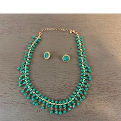 Vintage Teal Green Beaded Bib Necklace and Rhinestone Stud Earrings Jewelry Set
