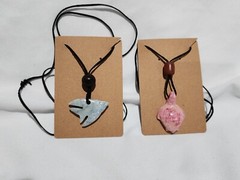 Estate Sale! PAIR Stone Pendant Necklaces Leather Adjustable Cord-Turtle, Fish
