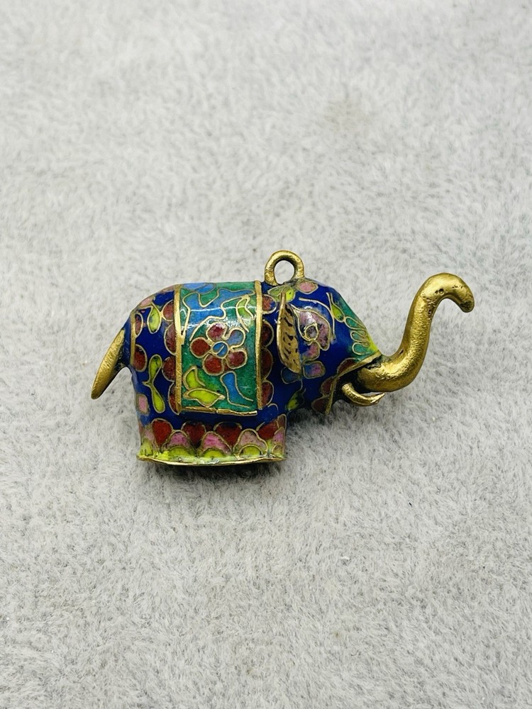 Vintage Cloisonne Elephant Charm Pendant Trunk Up Good Luck Chinese Enamel