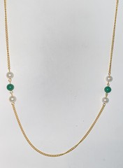 Vintage Faux White Pearl & Faux Green Jade Beads on Gold Tone Chain Necklace