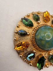 Vintage Accessocraft Brooch Pendant Green Gold Rhinestone Gold Tone Sunburst