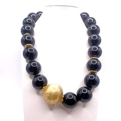 Vintage Black Onyx And Venetian Metal Golden Spheres Chunky Necklace 14”