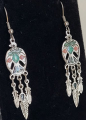 Vintage Thunderbird Enamel Feather Dangle Silver Tone Earrings 2.25″