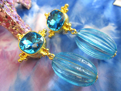 Chunky Statement Earrings Gold Tone Sky Blue Gemstone Pierced Drop Dangle