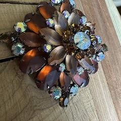 Vintage Flower Brooch 2 Inch Satin Amber Acrylic Layered Tiered Aurora Borealis