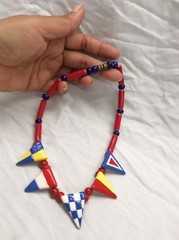 Stunning vtg. Flying Colors Hand Painted Ceramic Modern Blue Red White necklace