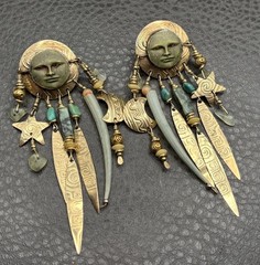 Tabra Gold Filled Man in Moon Face Turquoise Dangle Earrings Boho Celestial