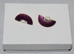 Vintage Sterling Silver Gold Wash Guilloche? Purple Enamel Pearl Post Earrings
