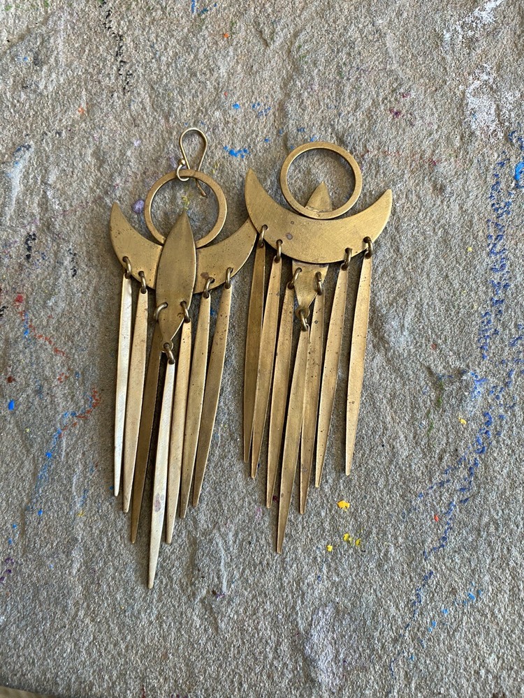 Vintage Brass Earrings Broken Tribal Statement Dangle Unstamped 3.5 Inches NG