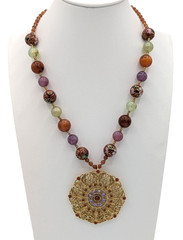 Vintage Graziano Mandala Pendant Necklace Cloisonne Beads Gold tone Statement
