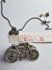 Vintage Ms. Dee Pewter Bicycle Trinket Box W/ Necklace 15” Earrings & Brooch