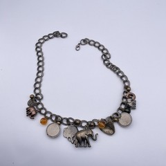 Vtg Elephant Bronze Tone Lion Charm Chunky Link Safari Statement Necklace 22″
