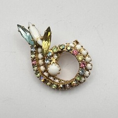 Milk Glass Aurora Borealis Multicolored Rhinestones Swirl Brooch Pin Goldtone