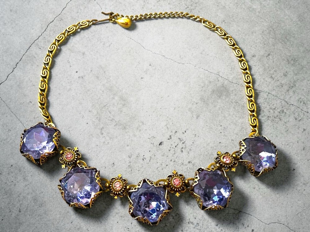 Art Nouveau Austrian Lilac Purple & Pink Crystal Brass Filigree Necklace
