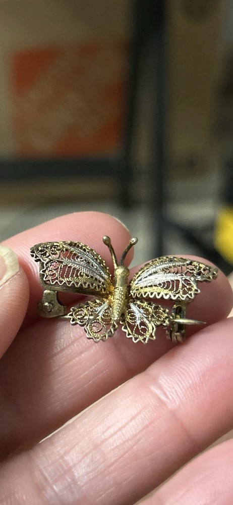 Vintage Signed Italy 800 Silver Filigree Butterfly Brooch Pin Gold Gilt Vermeil