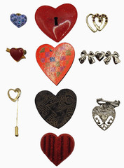10 Heart Brooch Pins Various Materials Vintage 1980s to 1990s Colorful Whimsical