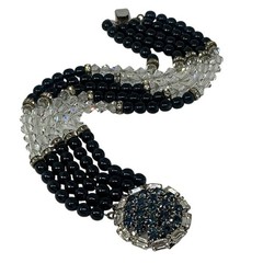 Vintage HOBÉ Multi Strand Bracelet Sapphire Blue & Crystal Bead Rhinestone Clasp