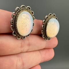 Vintage Opalite Necklace Earrings Set Silver Tone Scalloped Filigree Box Clasp