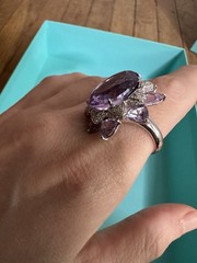 Estate 18k White Gold Vintage Purple Sapphire Diamond Trembler Ring