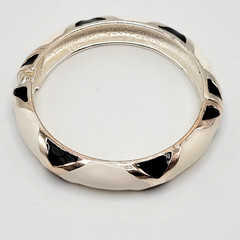 Black White Geometric Abstract Enamel Print Silver Tone Hinged Bangle Bracelet