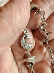 Vtg 925 Sterling Silver Sz 7.5”-6g MOP Dolphin Bracelet!