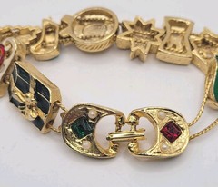 Vintage Christmas Slide Charm Bracelet Gold Tone Rhinestones Enamel Tree Gift 7″