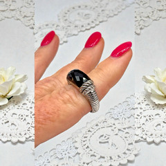 Judith Ripka 925 Sterling Silver Rope Accent Faceted Black Onyx Ring, size 8.25