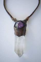 Artisan Created NECKLACE of Leather Wrapped Quartz Point and Purple Amethyst