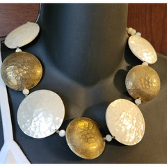 Brass & Mother of Pearl Necklace White & Gold Statement Ethnic Jewelry 18″ wh414