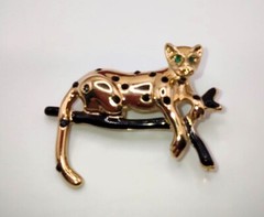 VINTAGE JACKIE COLLINS Panther Leopard Brooch Green Rhinestone Eyes 2″ Long