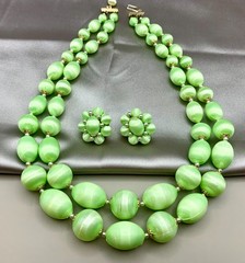 Vintage Lime Green Satin Finish 2-Strand Necklace & Clip Earrings Set MCM Japan