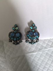 Signed Kirks Folly Blue Rhinestone Floral Chandelier Clip On Earrings Vintage