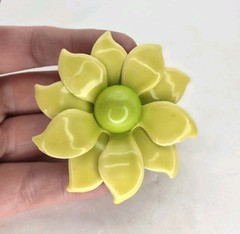 Lime Green Enamel Flower Brooch Mod Pin 2.5″ 60s Style Floral Airbrushed Vtg