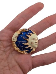 Celestial Sun Moon Face Brooch Blue Gold Enamel Rhinestone Vintage Style Pin