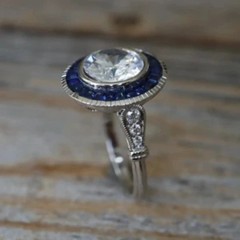 Art Deco Style Halo Lab Created Diamond Sapphire 14K White Gold FN Wedding Ring