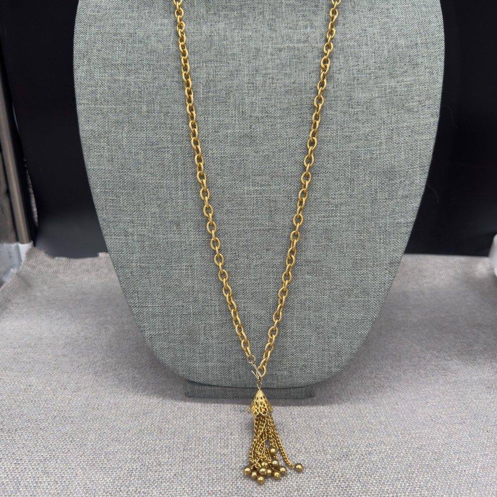 Vintage Necklace Tassel Pendant Textured Gold Tone Links 36 Inches