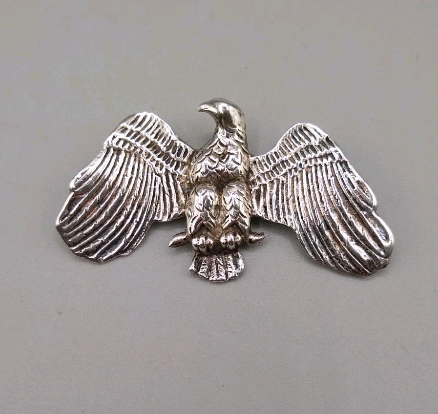 Vintage Sterling Silver Eagle Brooch, sitting on branch 2.25″ by 1.25″ pin