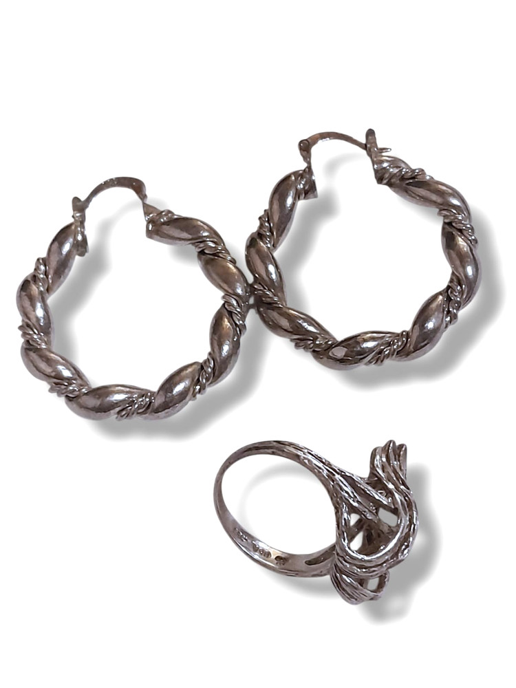 Sterling Silver Hoop Earrings+Abstract organic texturized Ring Set Vintage Style