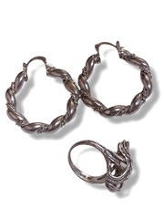 Sterling Silver Hoop Earrings+Abstract organic texturized Ring Set Vintage Style