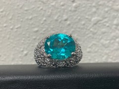 925 Sterling Silver vintage cocktail ring .5” aquamarine Ring 8 ornate MCM domed