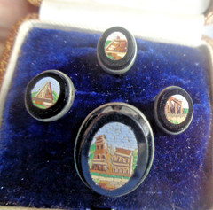 Micro Mosaic Booch & Collar Stud Button Set Italian Victorian Antique c1880s
